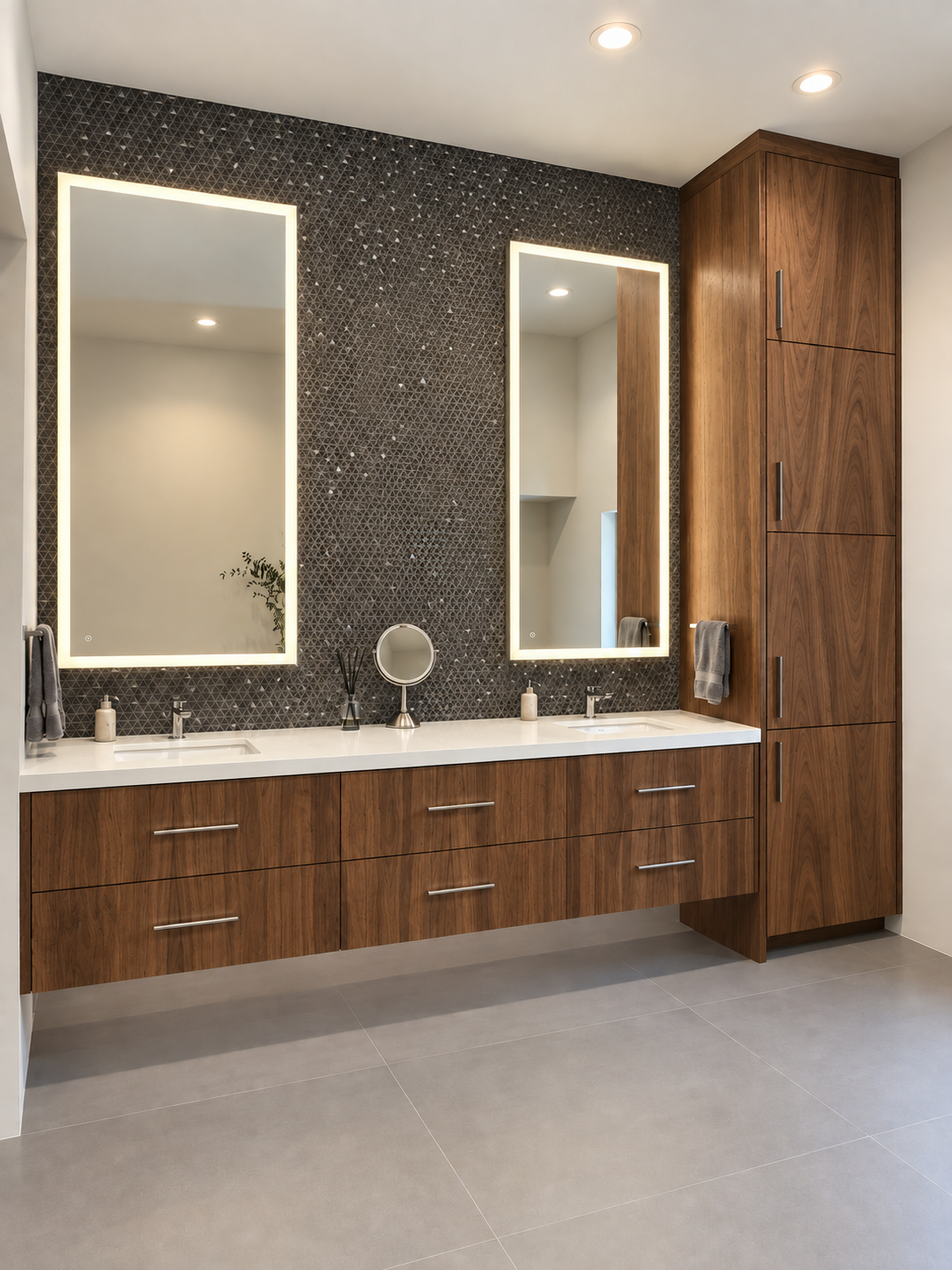 Long floating walnut double vanity with illuminated mirrors