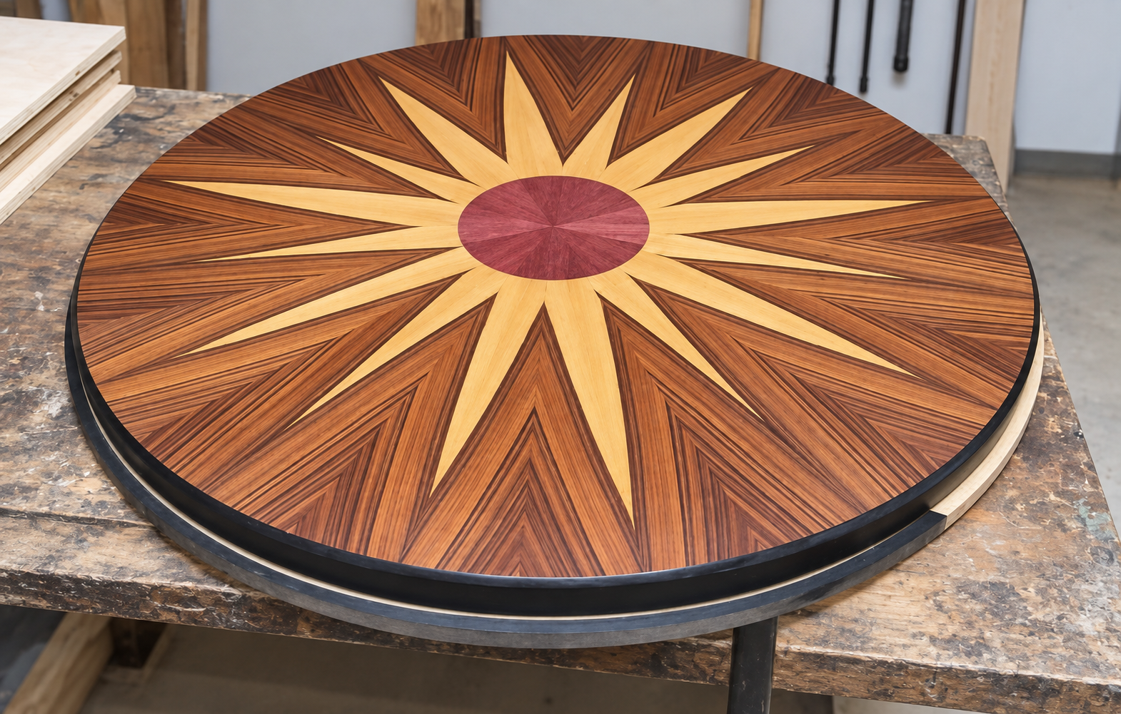 Round sunburst wood tabletop by Burkee Designs