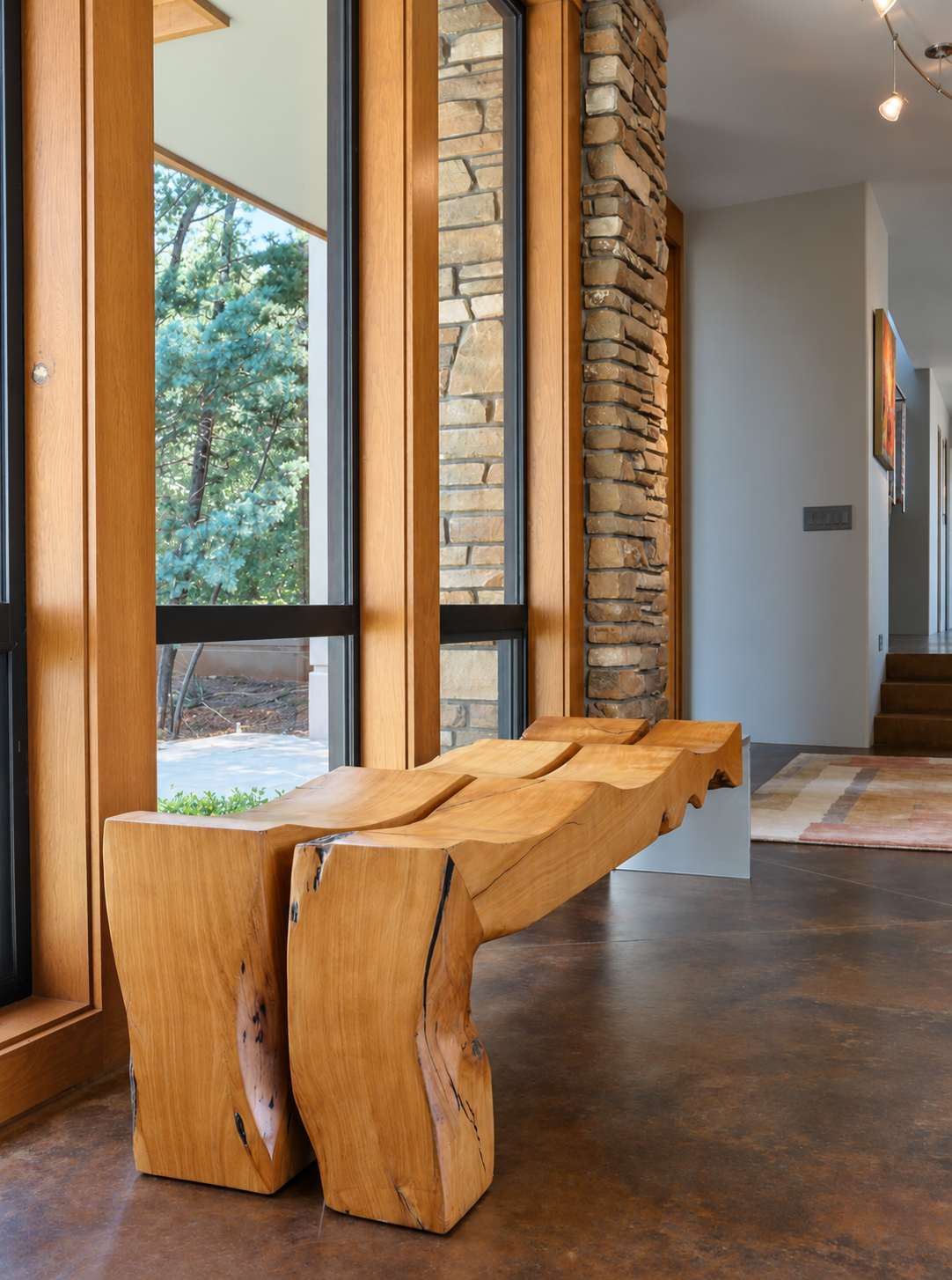 Sculptural wood entry bench