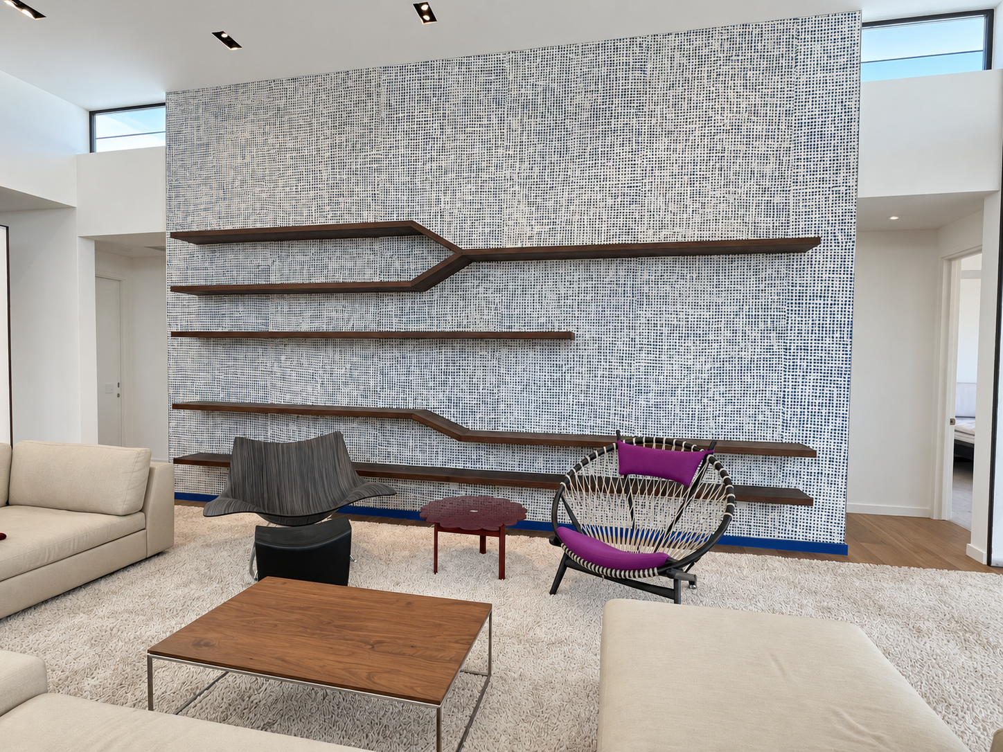 Sculptural floating shelf installation in living room